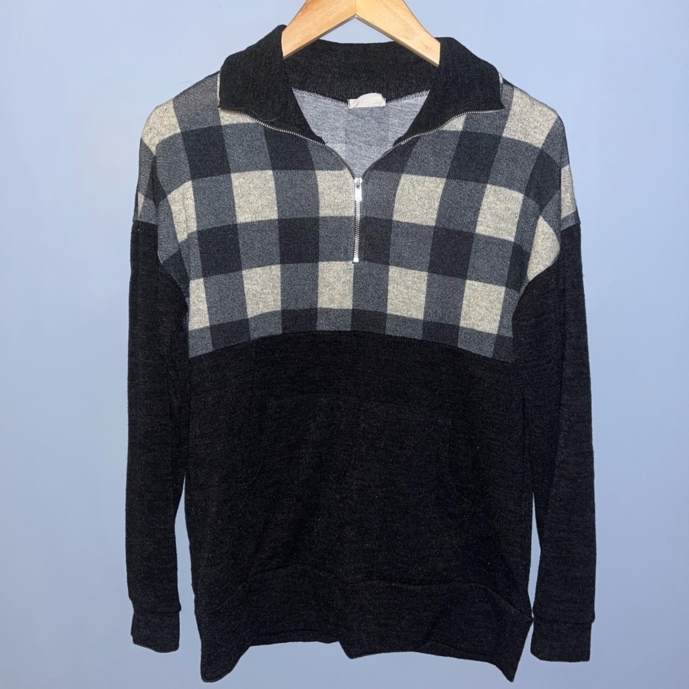 Lovely Melody Womens Buffalo Plaid Quarter Zip Pullover‎ Sweater Black Grey L